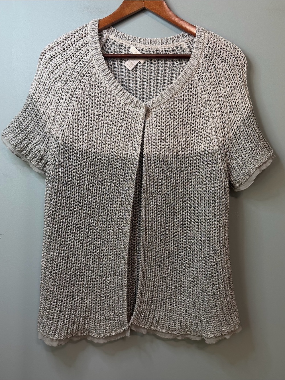 Chico's Silver Grey Metallic Ombre Open Knit Short Sleeve Cardigan Size 1 Medium